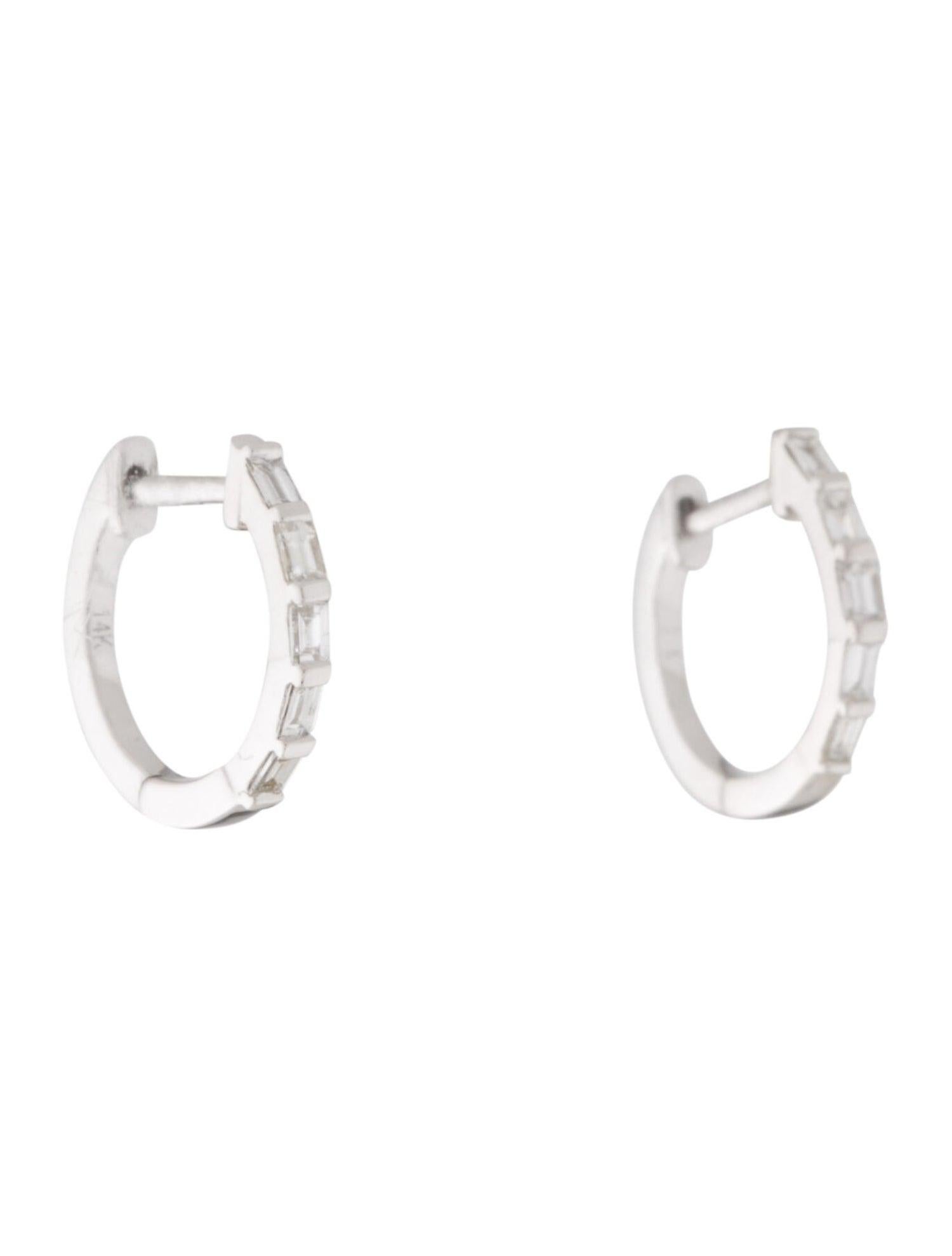 Contemporary 14k White Gold Baguette Diamond Huggie Hoop Earrings 1/4 Cttw. For Sale