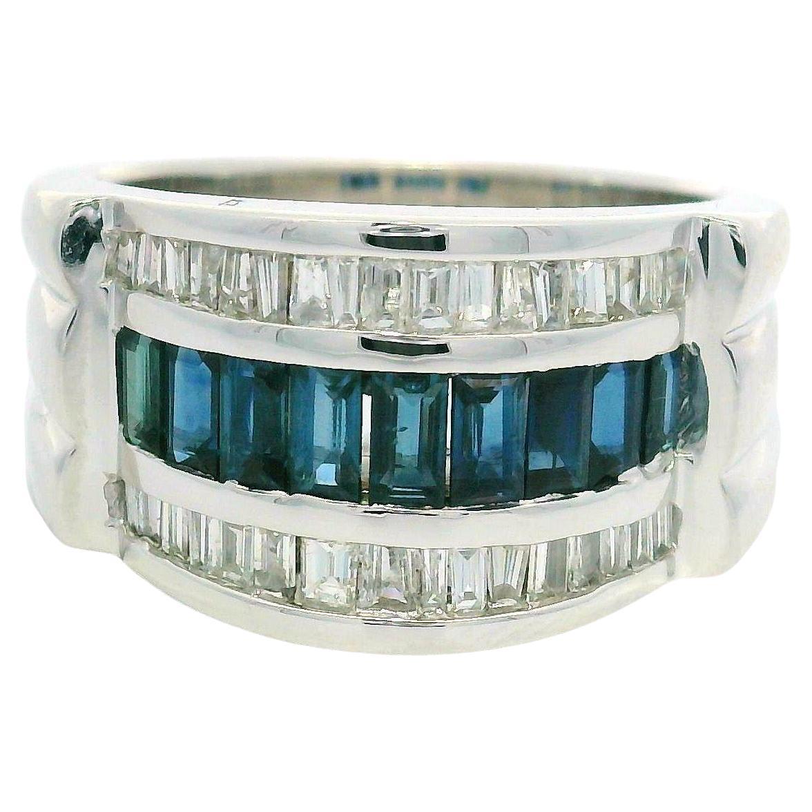 14k White Gold Baguette Diamonds & Sapphire Wide Band Ring For Sale