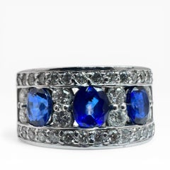 14K White Gold Band Ring with 3 Oval Sapphires & Diamonds, Size 6