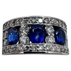 14K White Gold Band Ring with 3 Oval Sapphires & Diamonds, Size 6