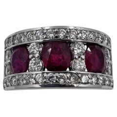 14K White Gold Band with 3 Oval Rubies and Diamonds. (Size 6.00)