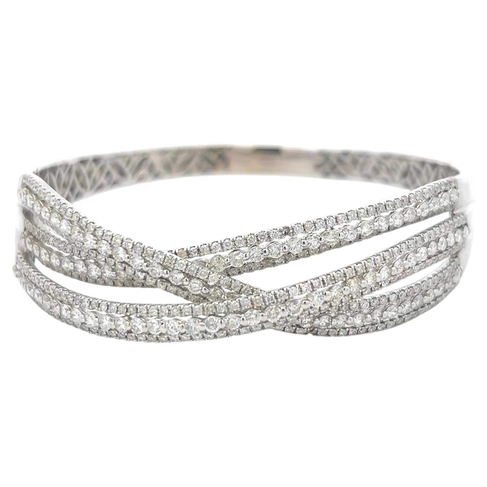 14K White Gold Bangle Bracelet with 5.24 Carat Round H-SI Diamonds Size 8