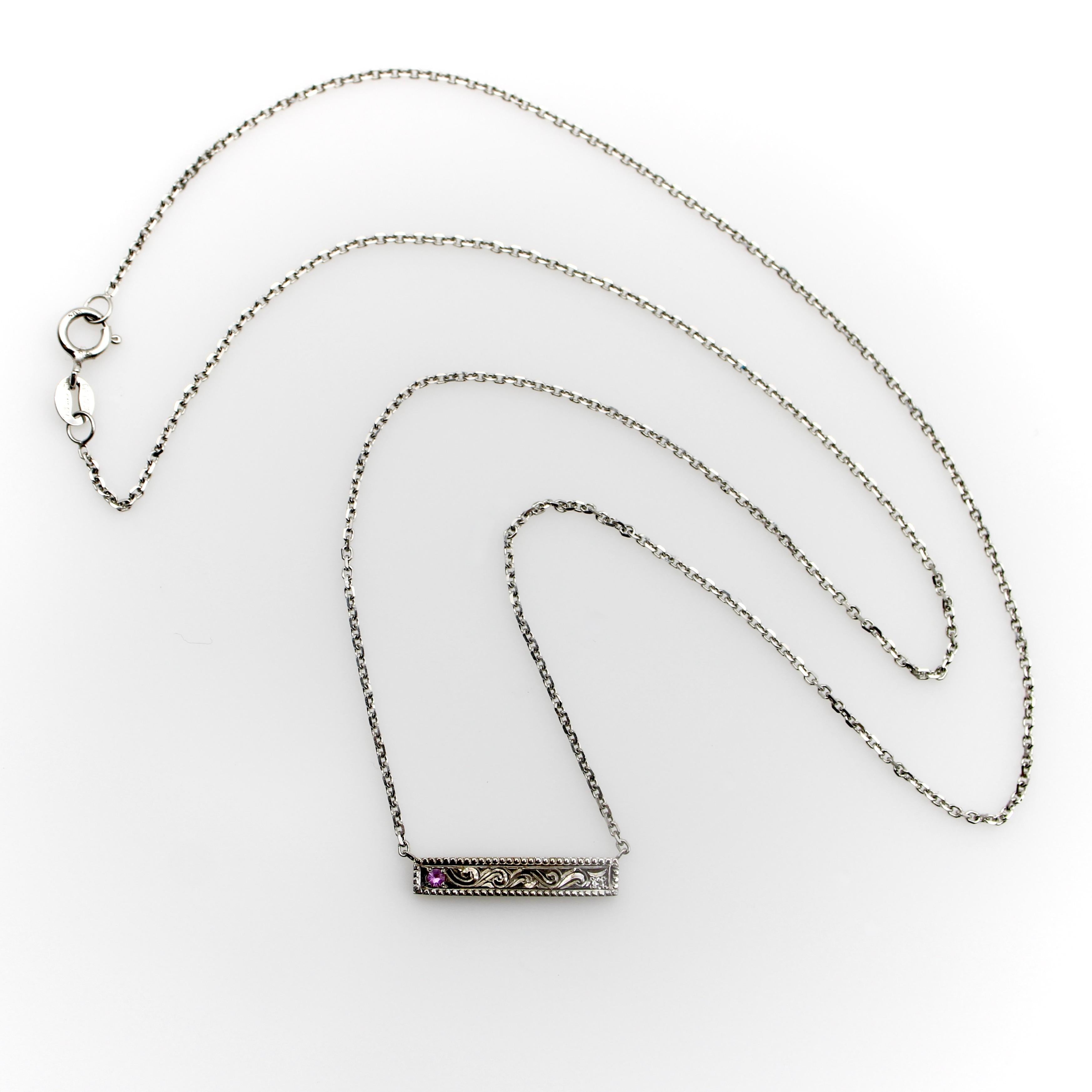 Contemporary 14K White Gold Bar Necklace with Diamond and Pink Tourmaline For Sale