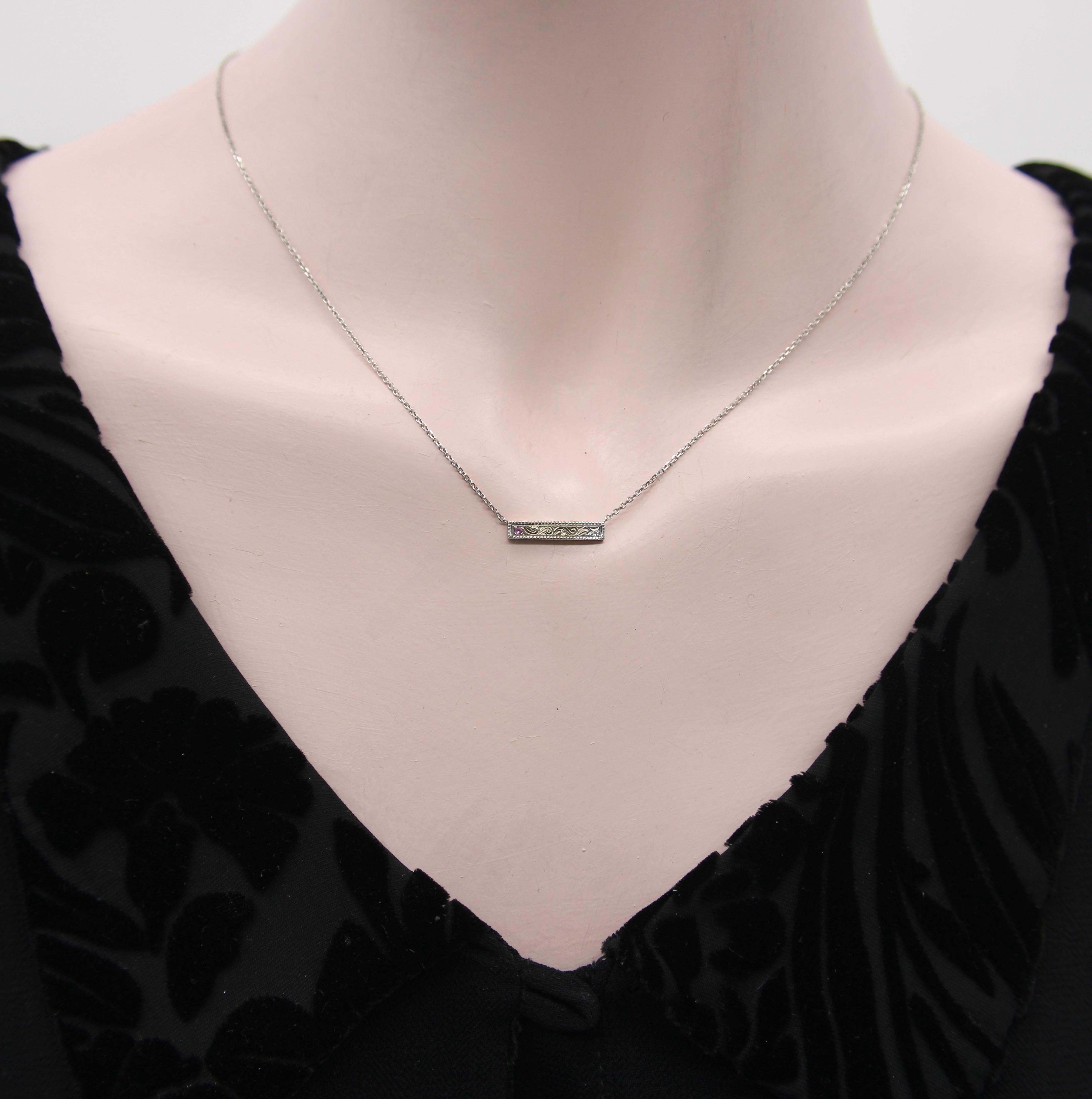 Women's or Men's 14K White Gold Bar Necklace with Diamond and Pink Tourmaline For Sale