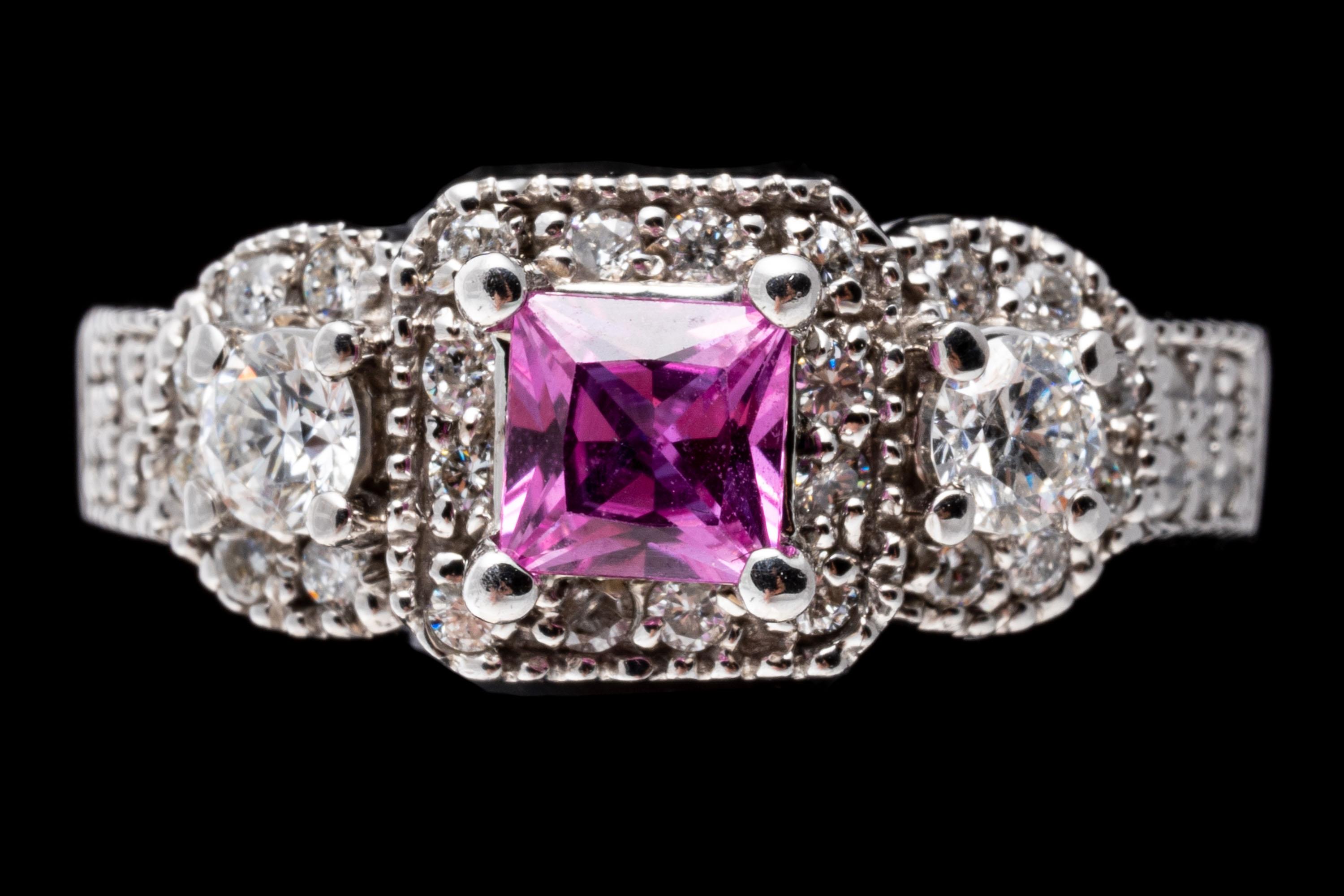 Square Cut 14k White Gold Beautiful Ornate Pink Sapphire and Diamond Halo Ring For Sale