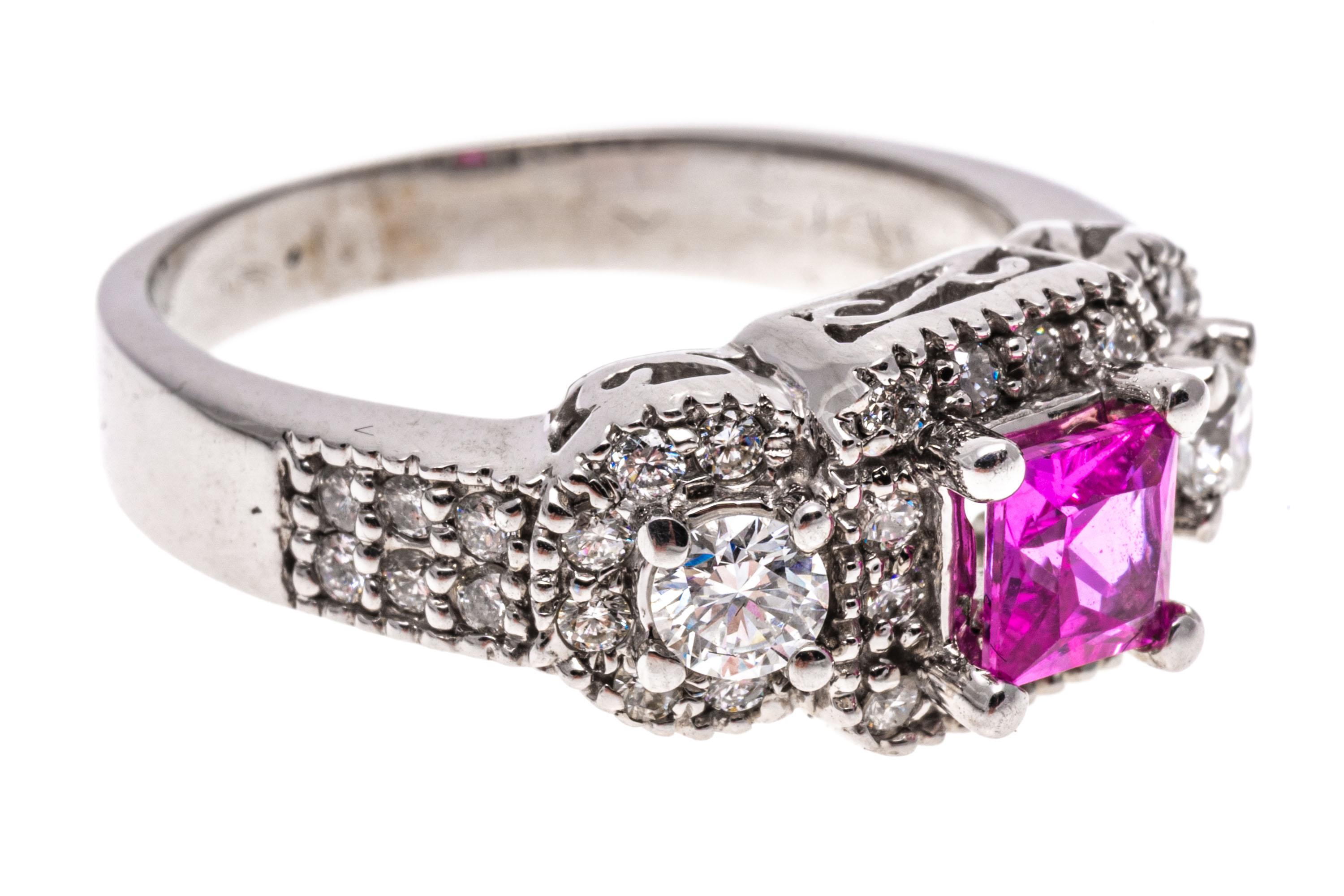 Women's 14k White Gold Beautiful Ornate Pink Sapphire and Diamond Halo Ring For Sale