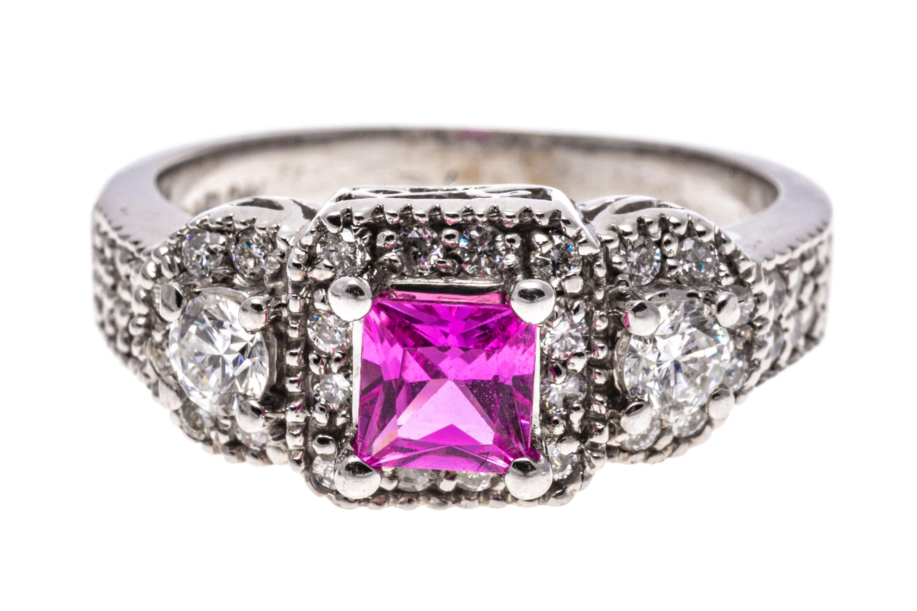 14k White Gold Beautiful Ornate Pink Sapphire and Diamond Halo Ring For Sale 3