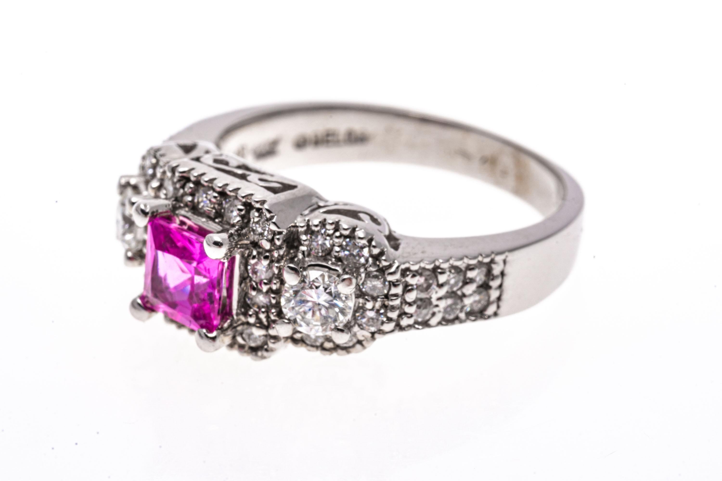 14k White Gold Beautiful Ornate Pink Sapphire and Diamond Halo Ring For Sale 4