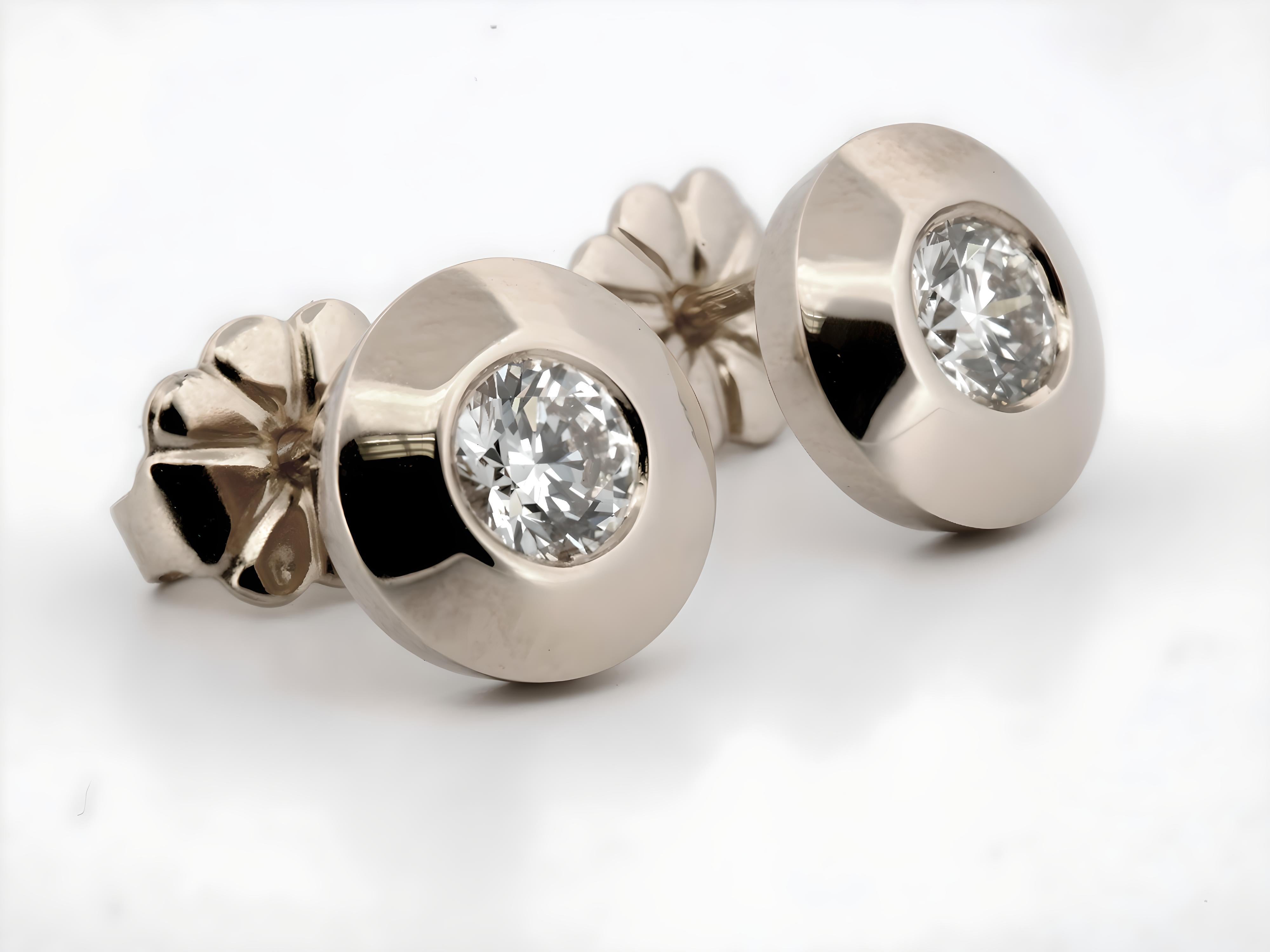 Round Cut 14K White Gold Bevel Wide Bezel Diamond Studs 0.34 ct For Sale