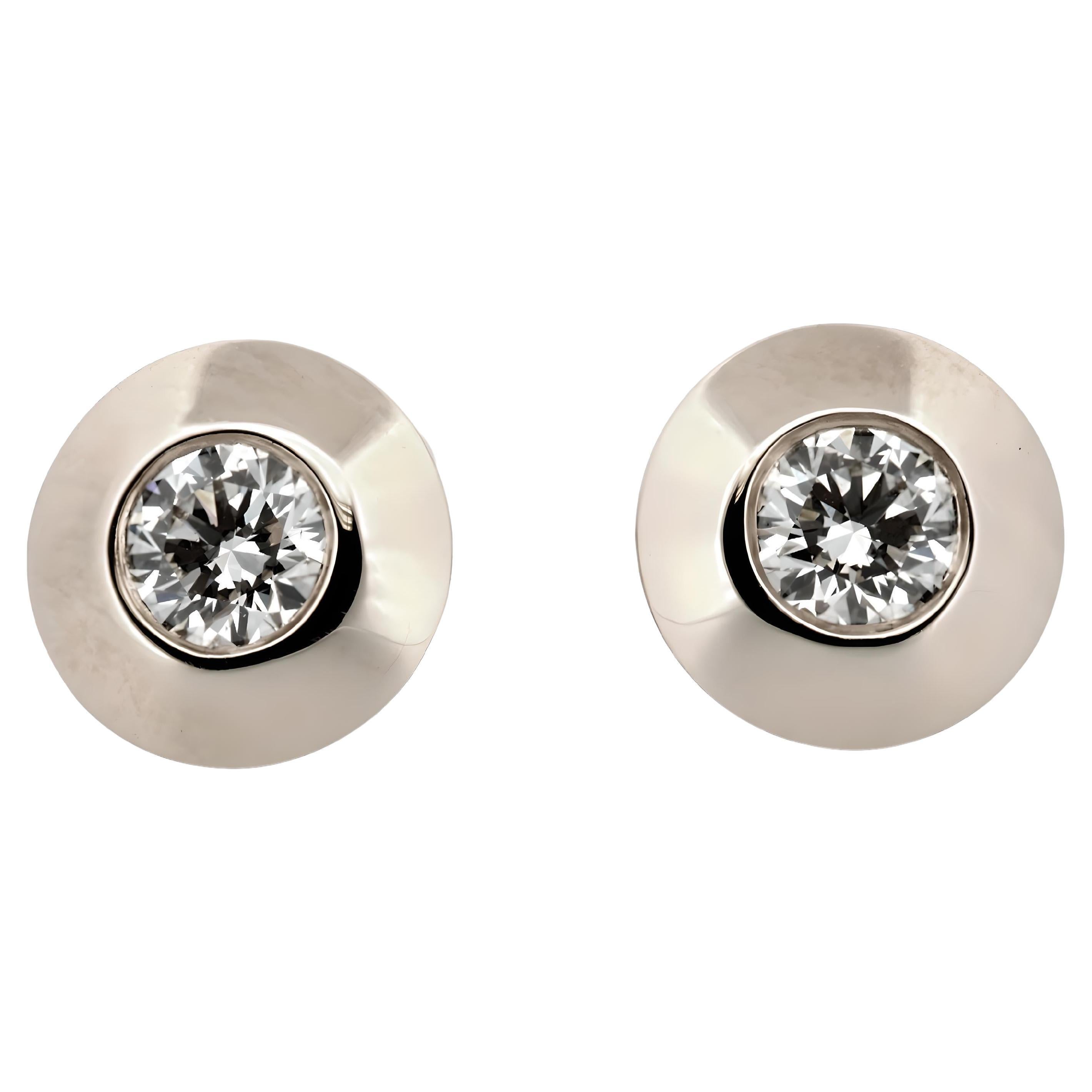 14K White Gold Bevel Wide Bezel Diamond Studs 0.34 ct For Sale