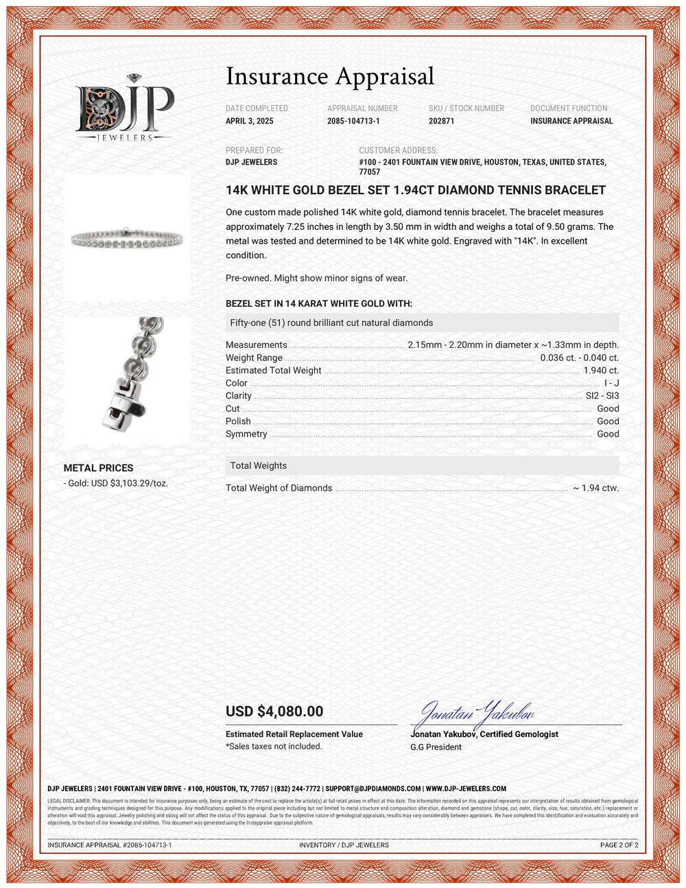 14K White Gold Bezel Set 1.94ct Diamond Tennis Bracelet For Sale 3