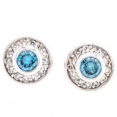 14 Karat White Gold Bezel Set Blue and White Diamond Stud Earrings