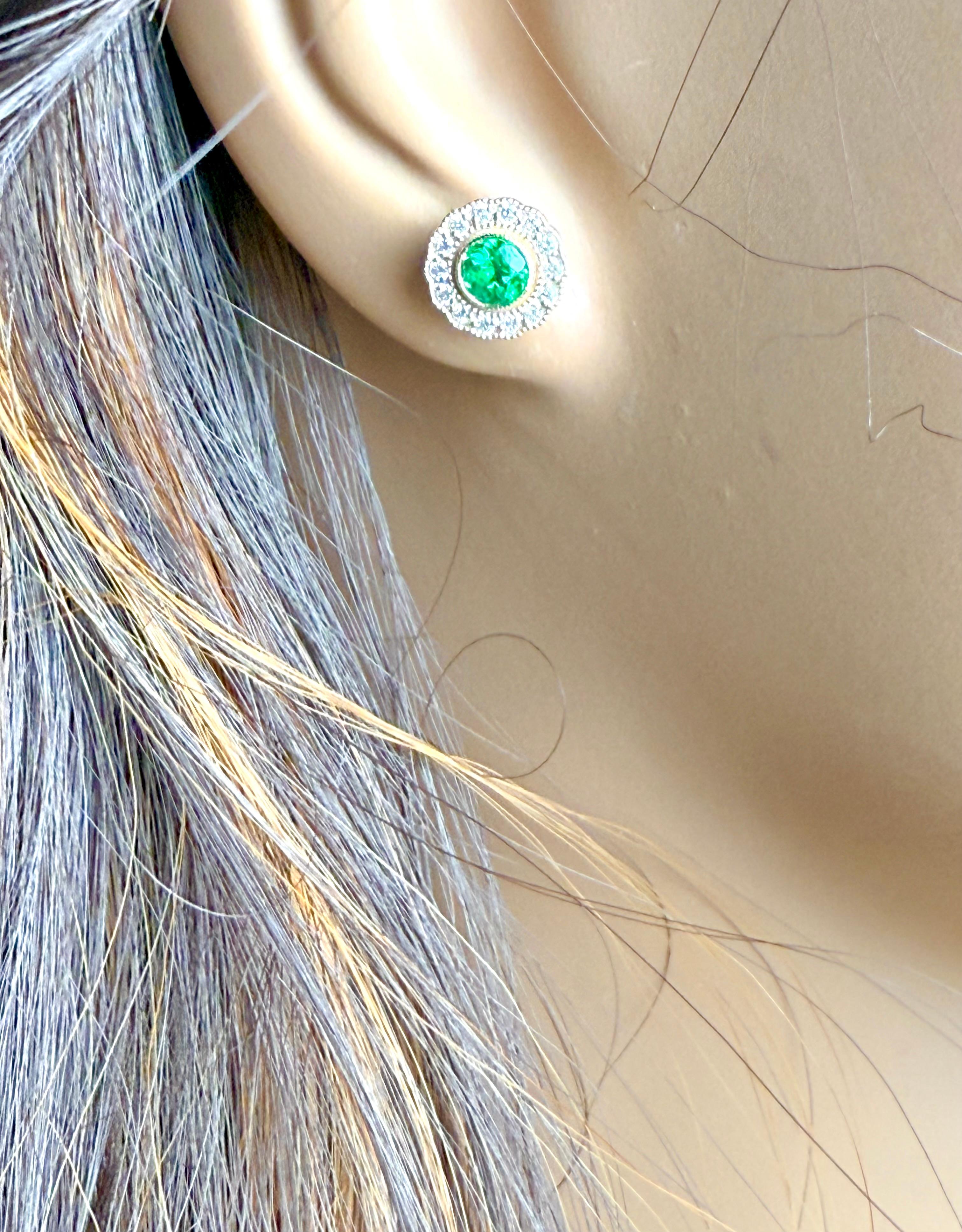 Women's or Men's 14K White Gold Bezel Set Emerald and Diamond Millgrain Halo Stud Earrings For Sale