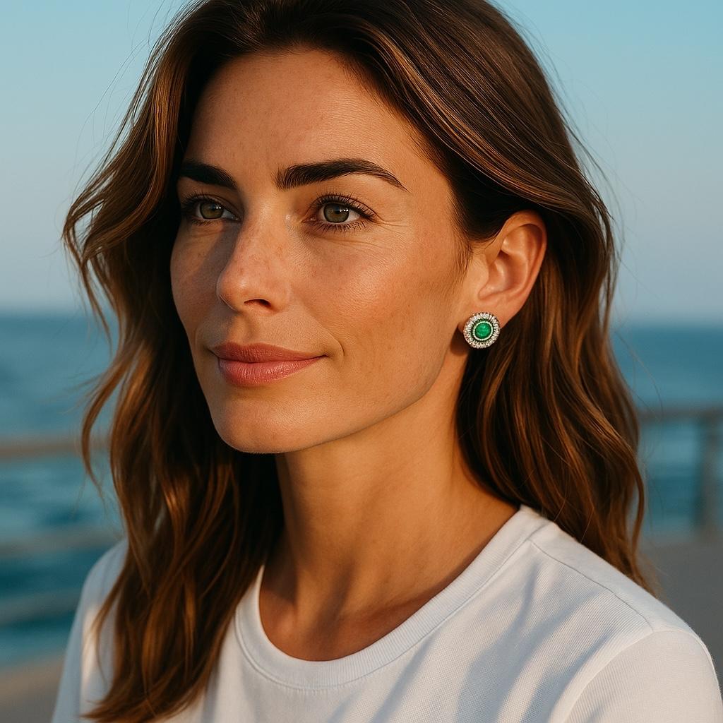 Round Cut 14K White Gold Bezel Set Emerald and Diamond Millgrain Halo Stud Earrings For Sale