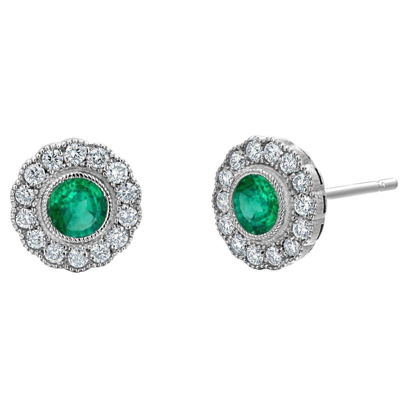 14K White Gold Bezel Set Emerald and Diamond Millgrain Halo Stud Earrings