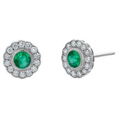 14K White Gold Bezel Set Emerald and Diamond Millgrain Halo Stud Earrings