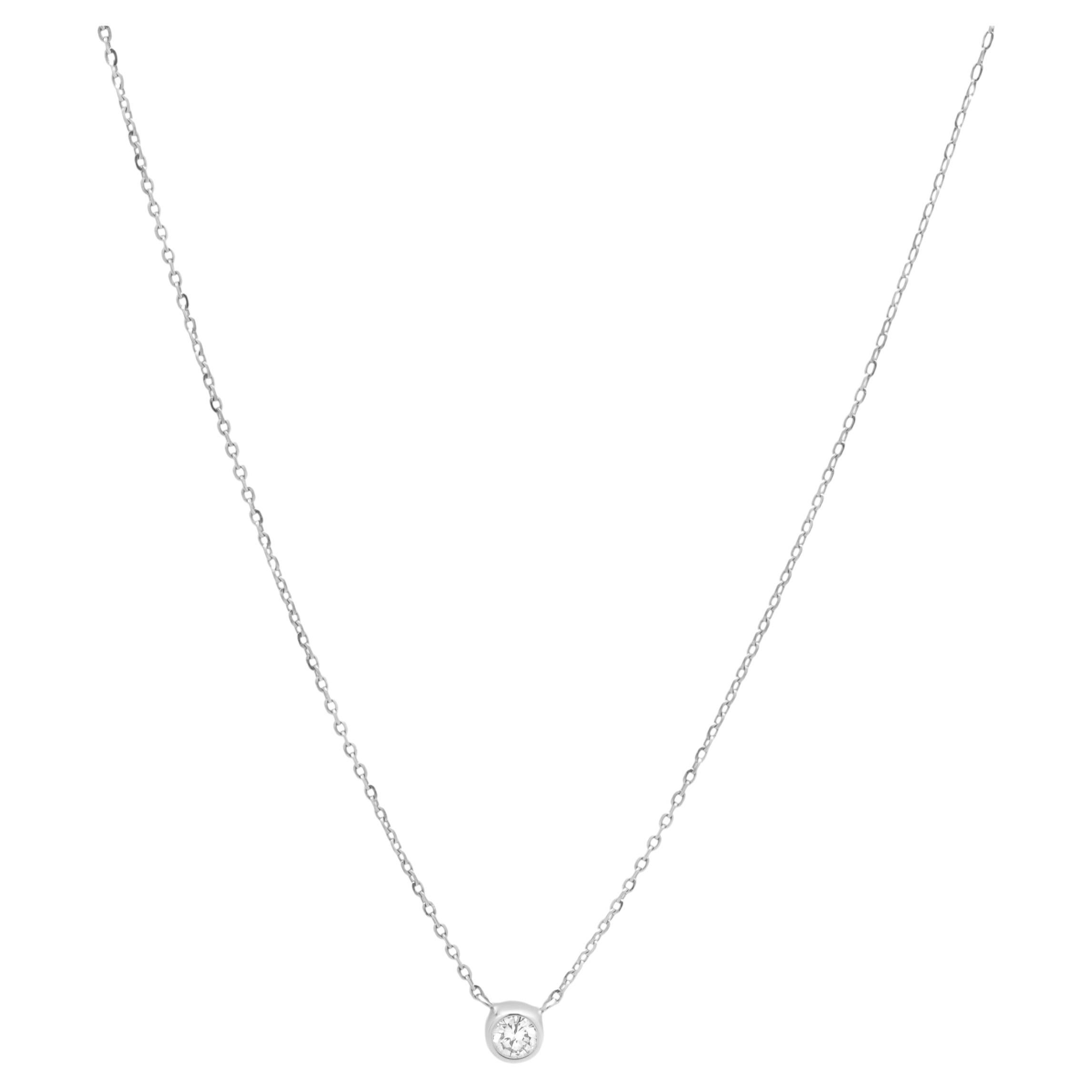 14K White Gold Bezel Set Round Diamond Solitaire Necklace 16.0"