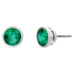 14K White Gold Bezel-Set Round Emerald Earrings 1.25 Carats Screw Back Closure