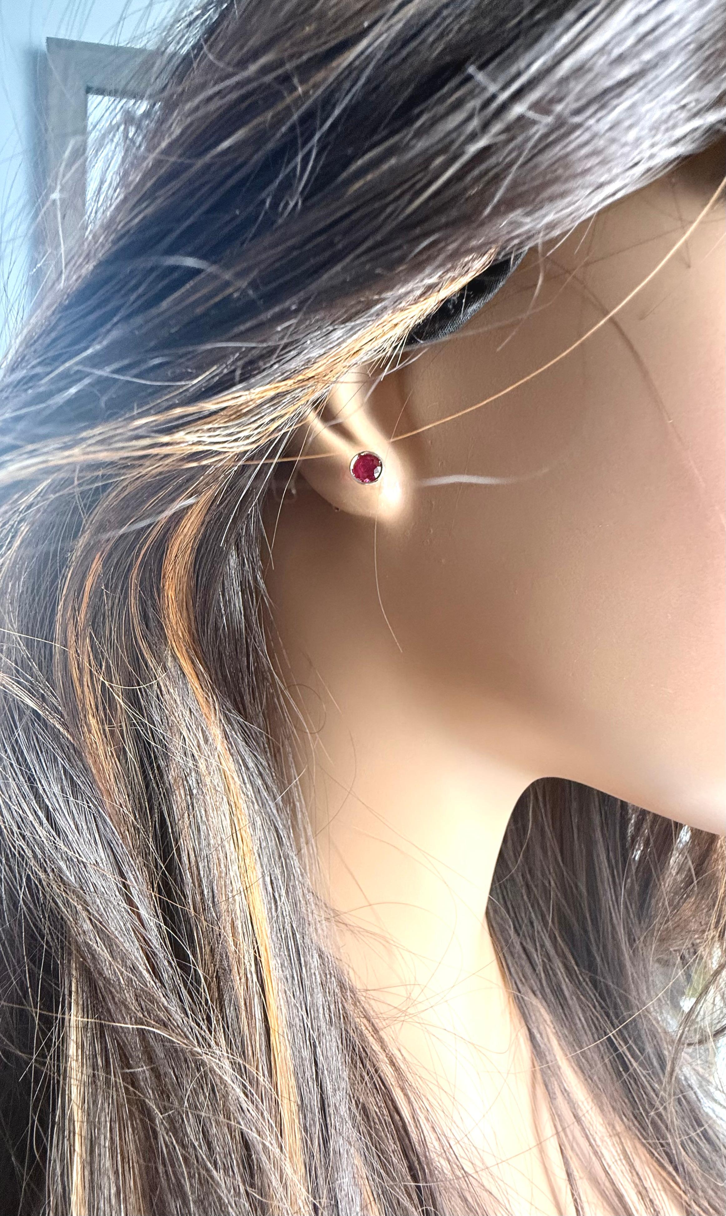 Women's or Men's 14K White Gold Bezel Set Ruby Stud Earrings 1.20 Carats For Sale