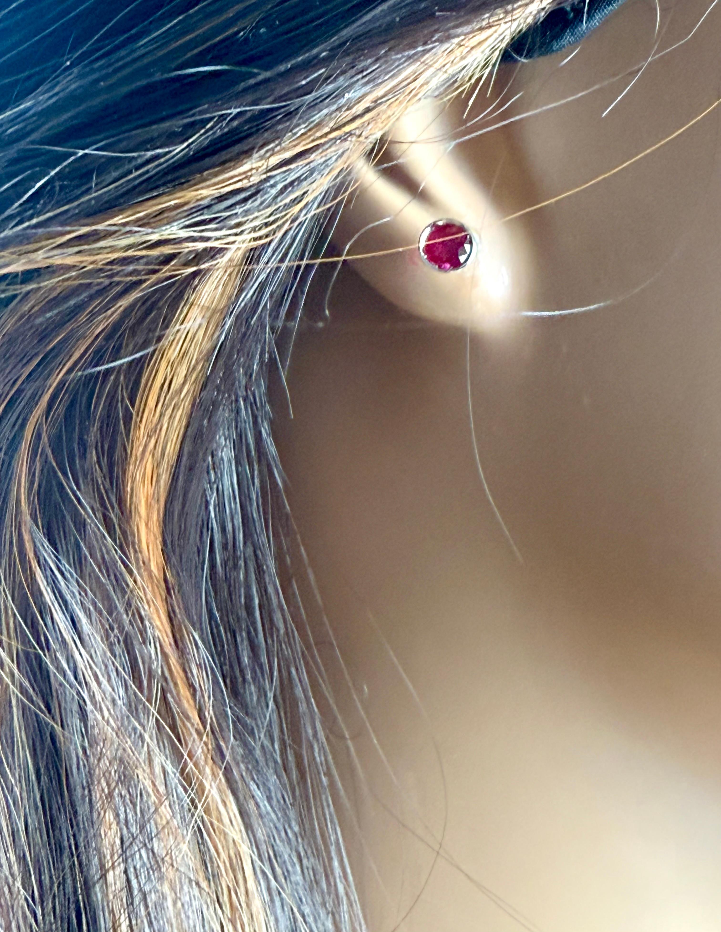 14K White Gold Bezel Set Ruby Stud Earrings 1.20 Carats For Sale 1