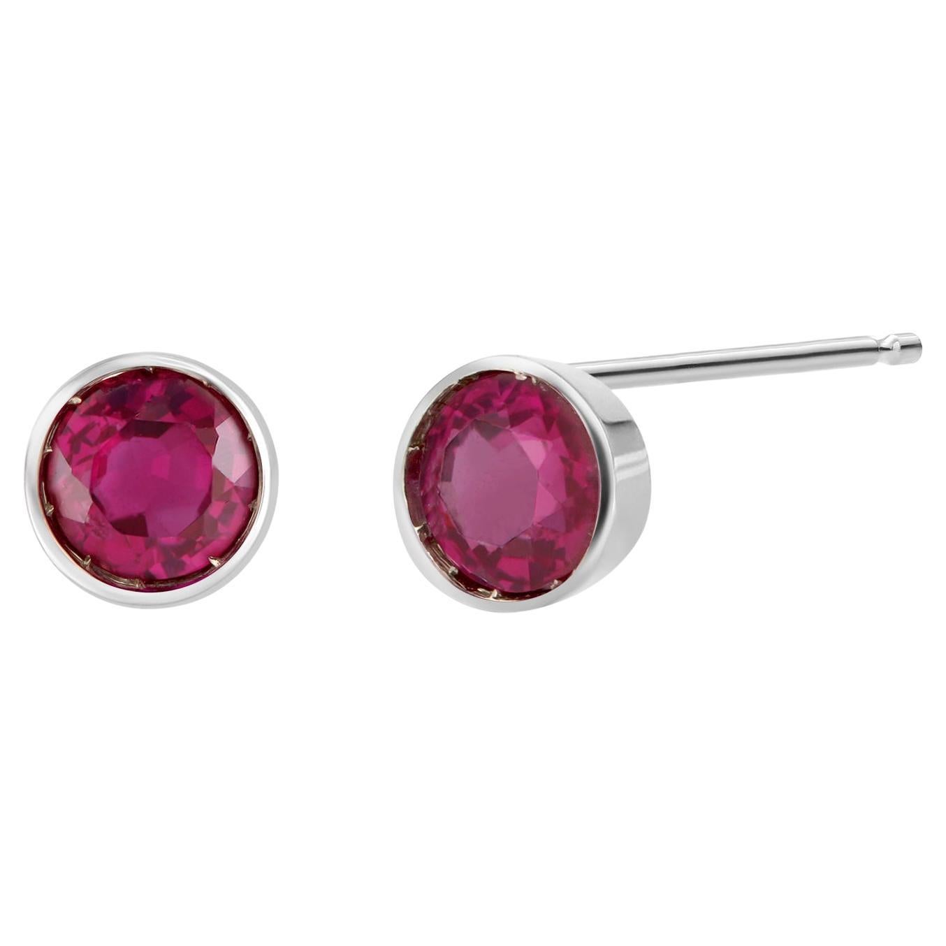 14K White Gold Bezel Set Ruby Stud Earrings 1.20 Carats For Sale