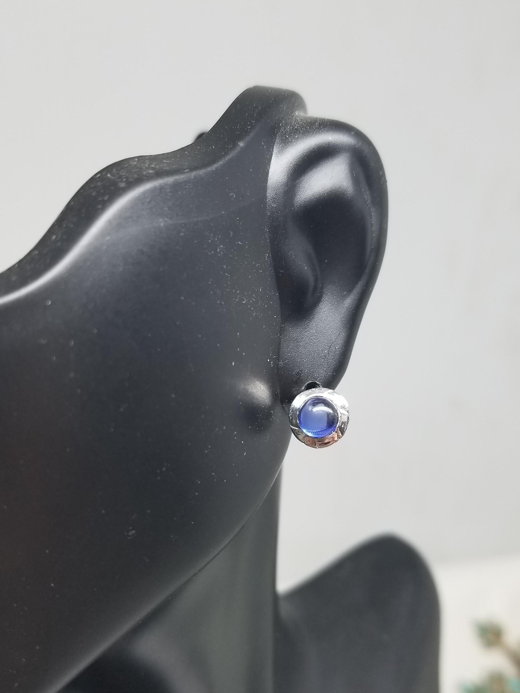 Women's or Men's 14 Karat White Gold Bezel Set Sapphire Cabochon Cut Earrings