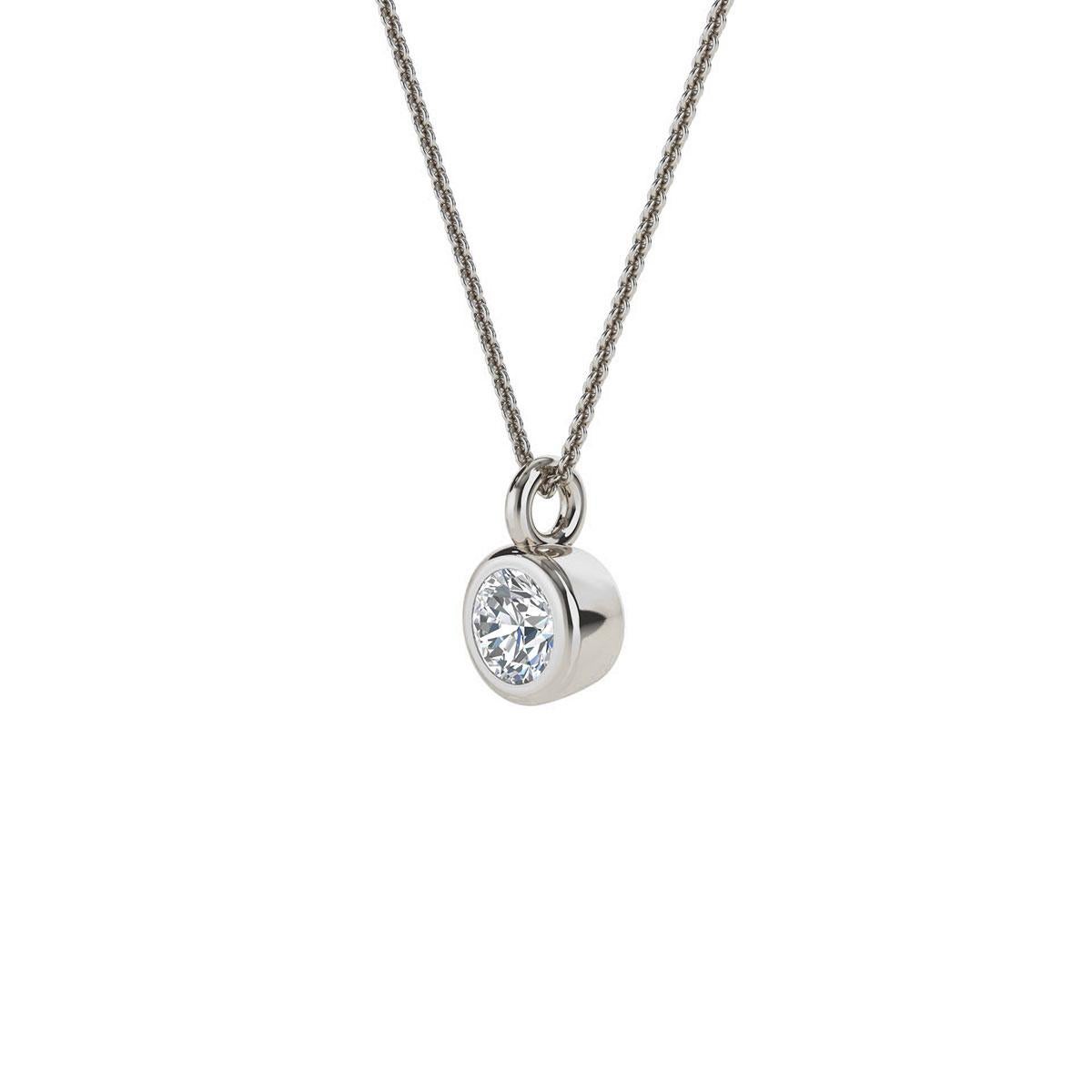 This solitaire pendant features 0.20 carat ( 3.8 mm) natural round brilliant diamond set in a thin bezel. Experience the difference in person!

Product details: 

Center Gemstone Type: NATURAL DIAMOND
Center Gemstone Color: WHITE
Center Gemstone