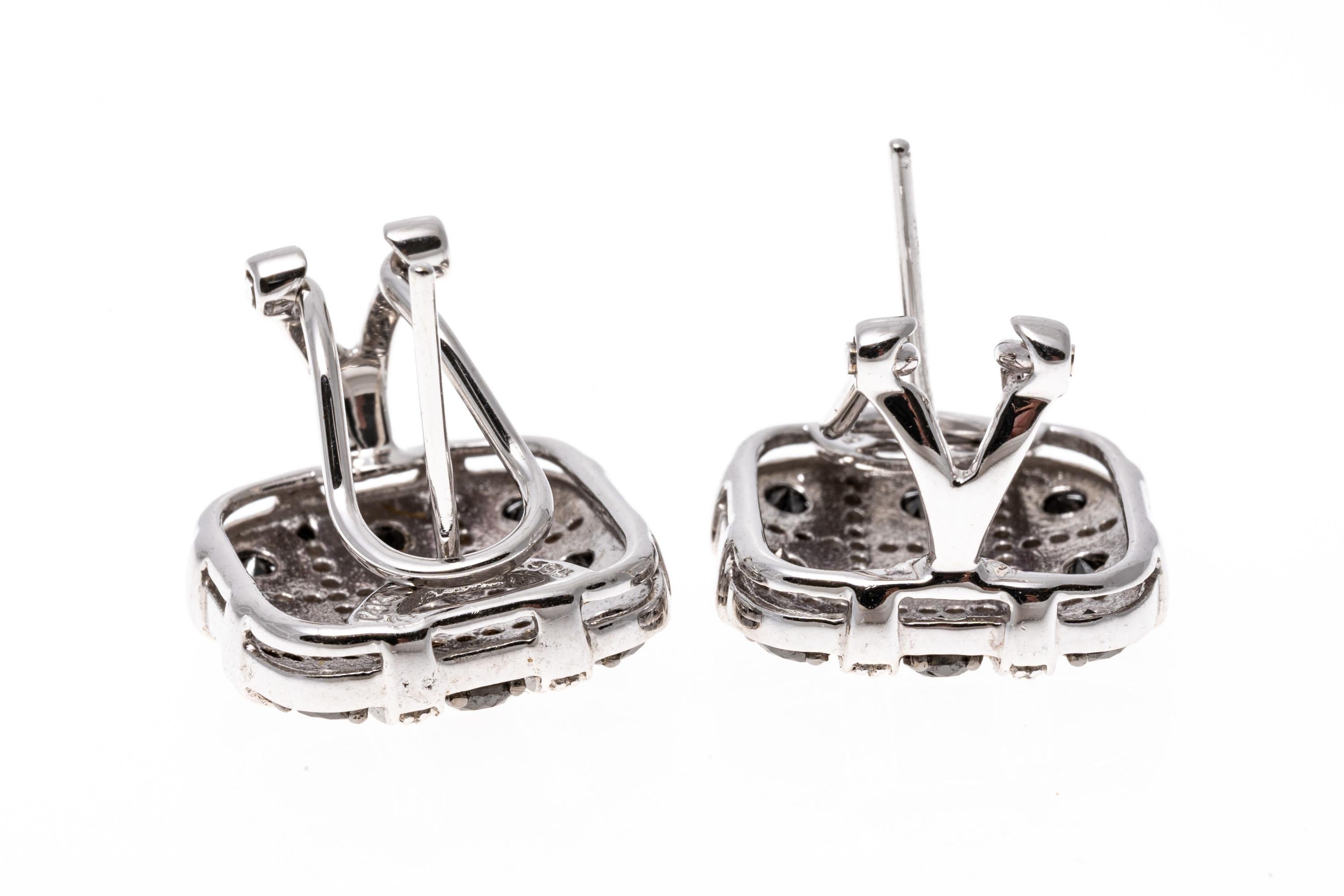 Contemporary 14k White Gold Black and White Diamond Checkerboard Cushion Earrings, 1.87 TCW