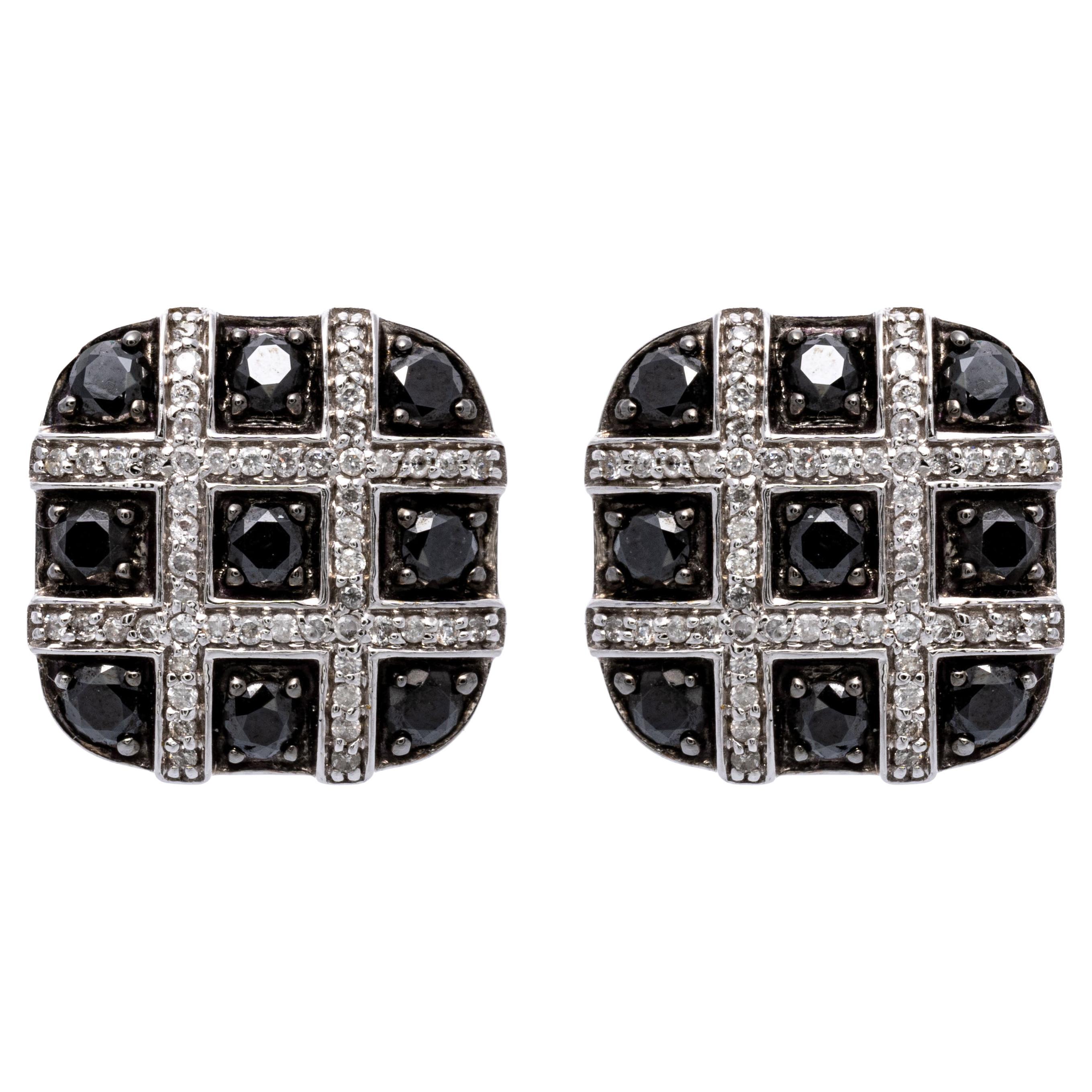 14k White Gold Black and White Diamond Checkerboard Cushion Earrings, 1.87 TCW