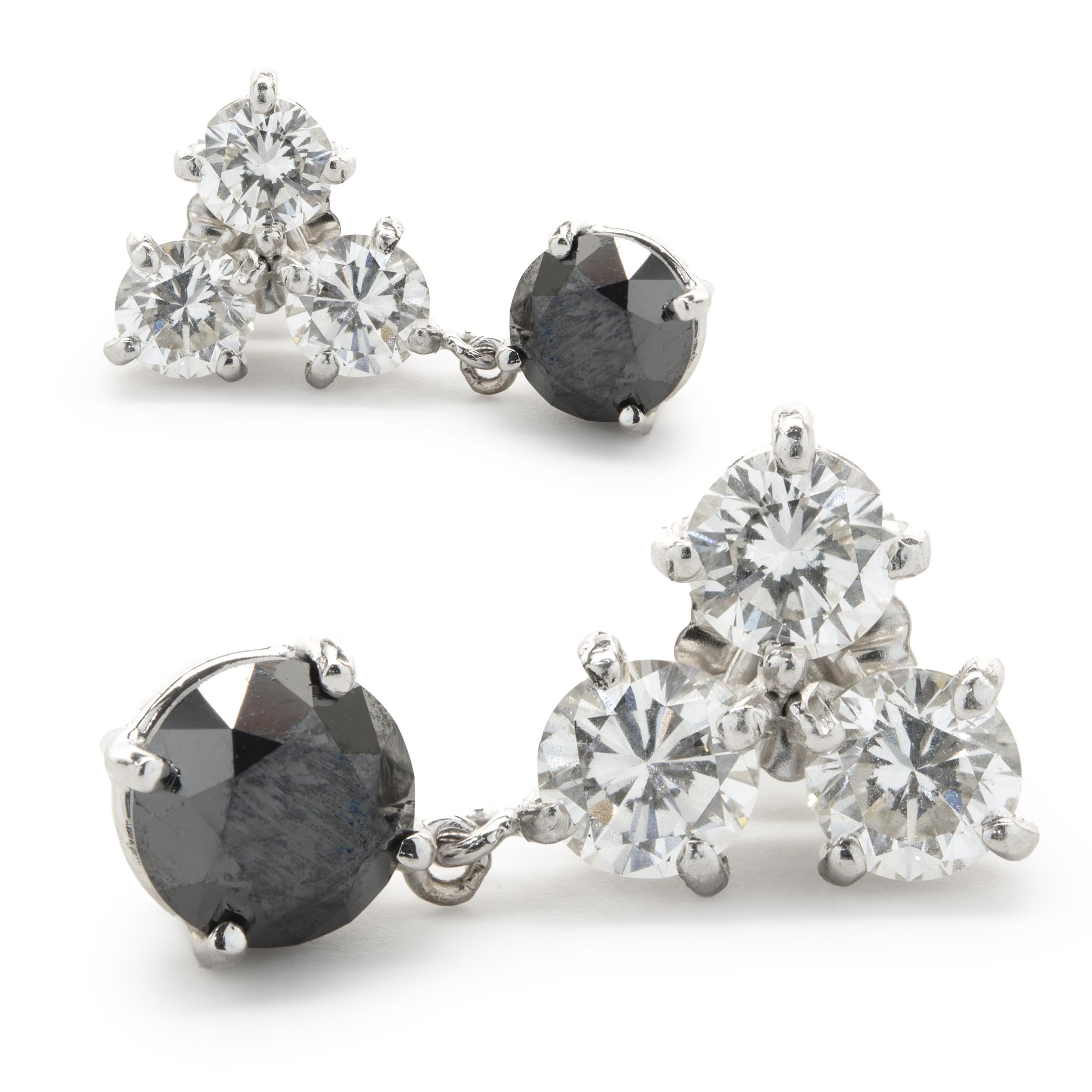 Round Cut 14k White Gold Black and White Diamond Dangle Earrings For Sale