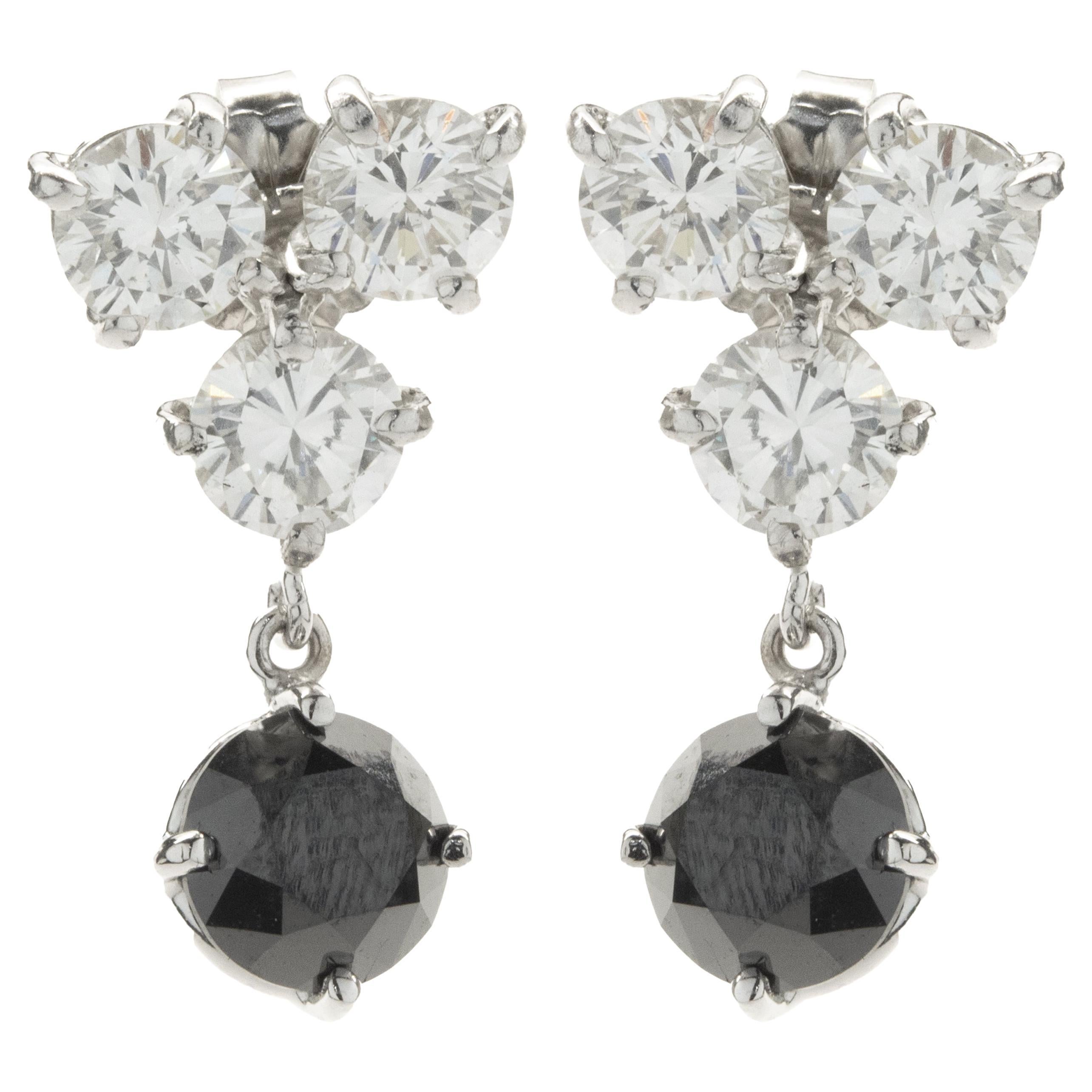 14k White Gold Black and White Diamond Dangle Earrings For Sale