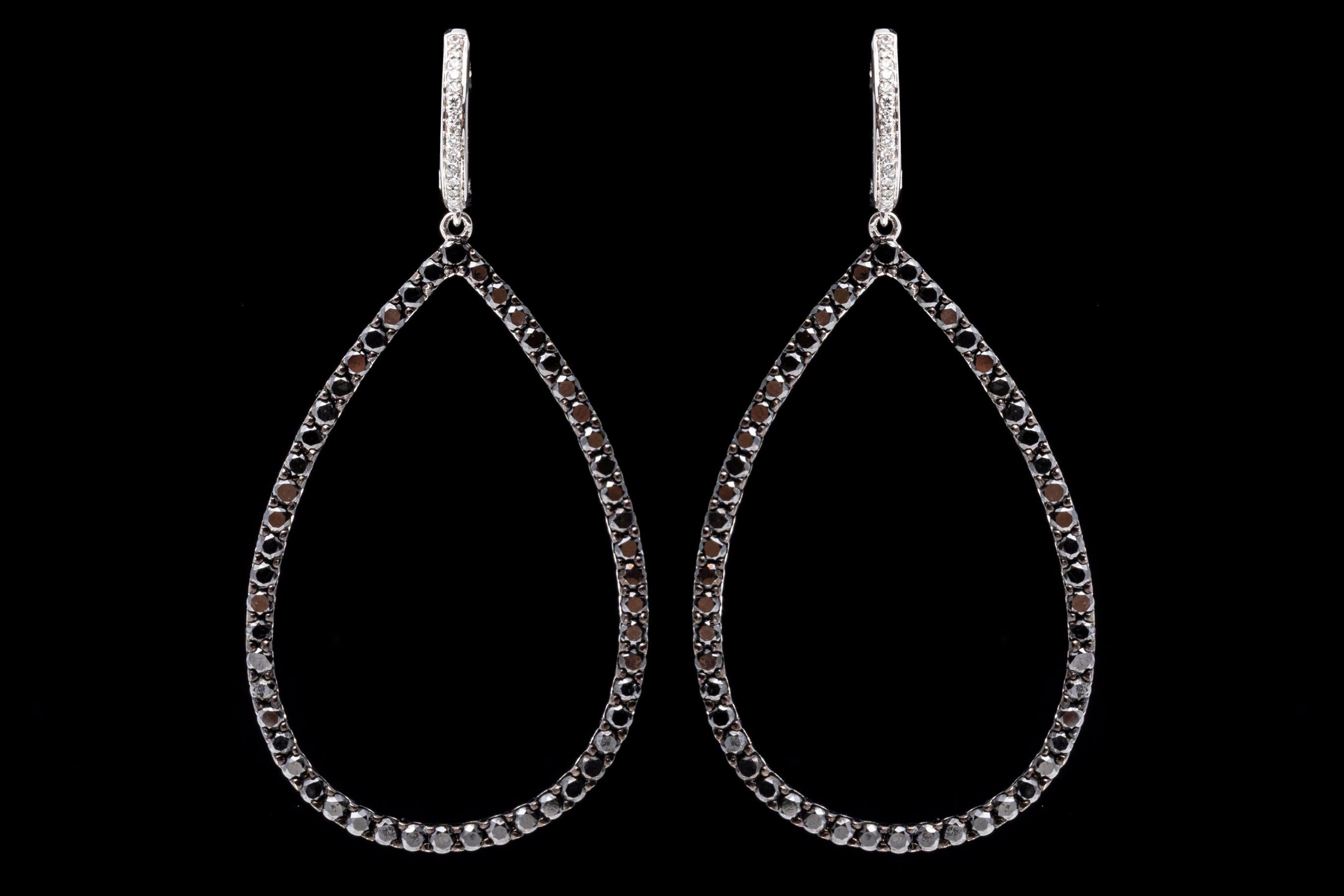 14k White Gold Black and White Diamond Pear Shaped Pendant Earrings, 10.72 TCW For Sale 6