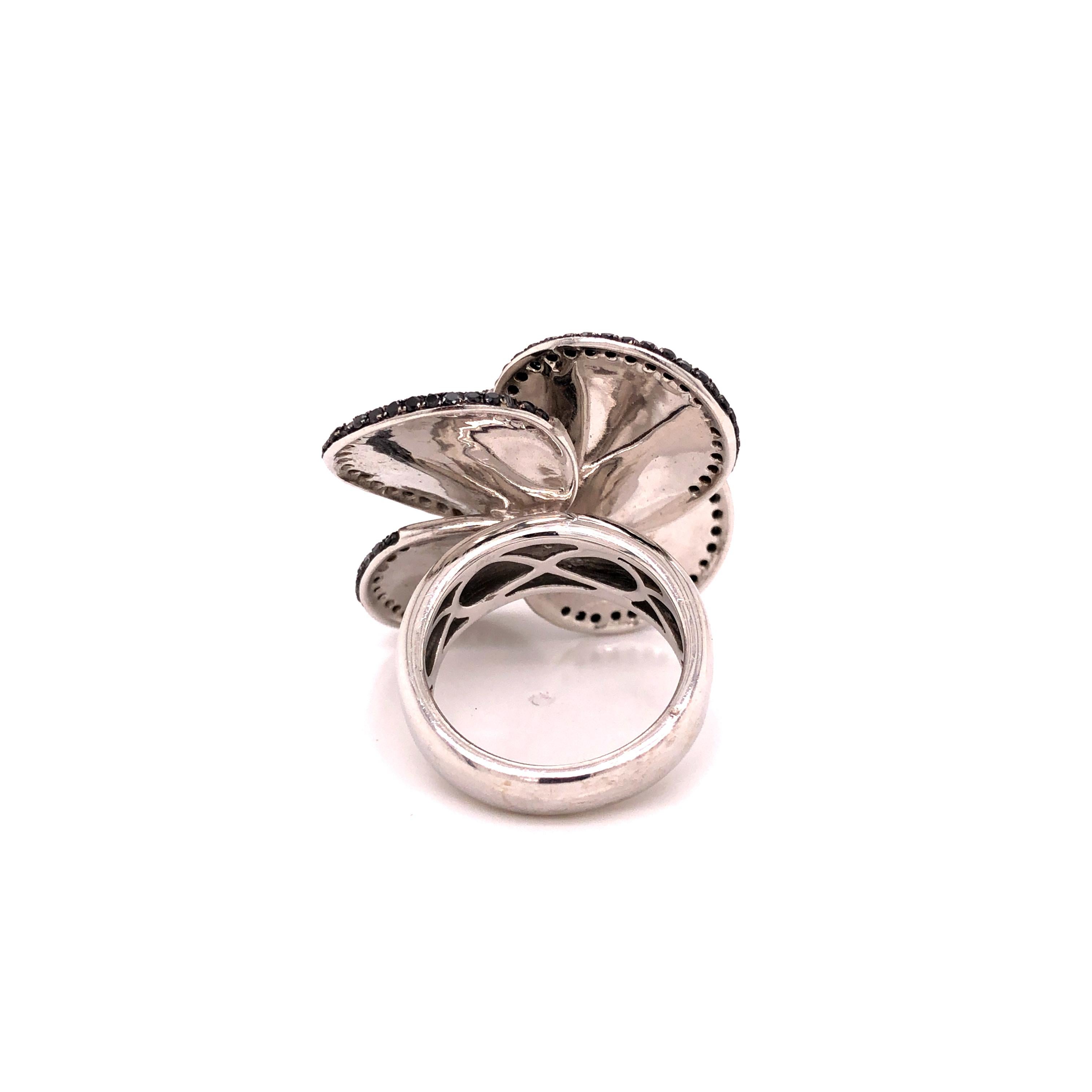 Women's 14 Karat White Gold Black Diamond Floral Cocktail Ring For Sale