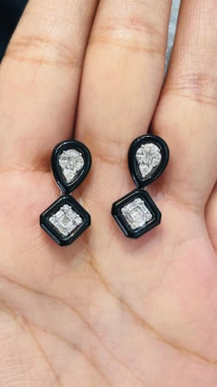 14K White Gold Black Enameled and Diamond Dangle Earrings