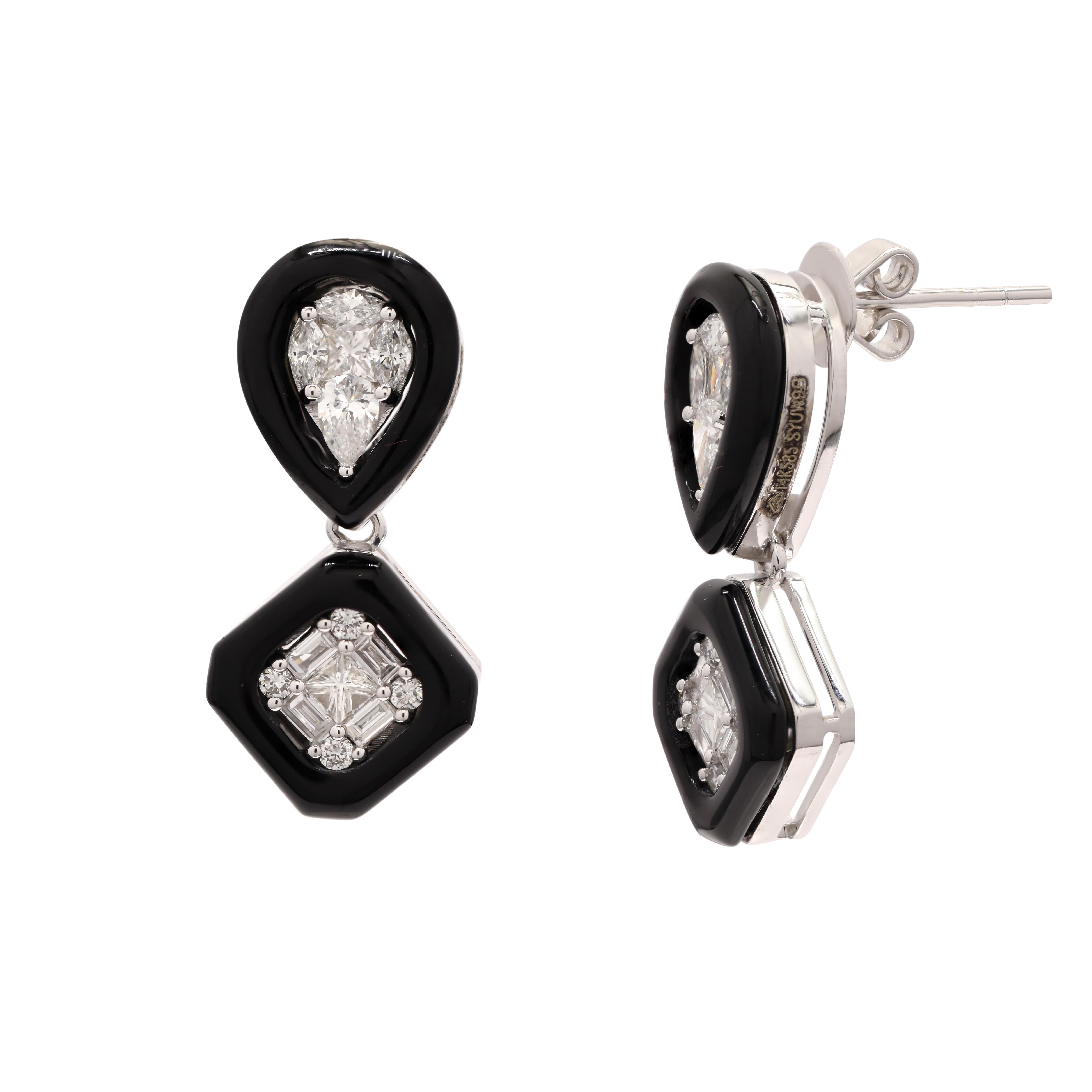 Modern 14K White Gold Black Enameled and Diamond Dangle Earrings For Sale