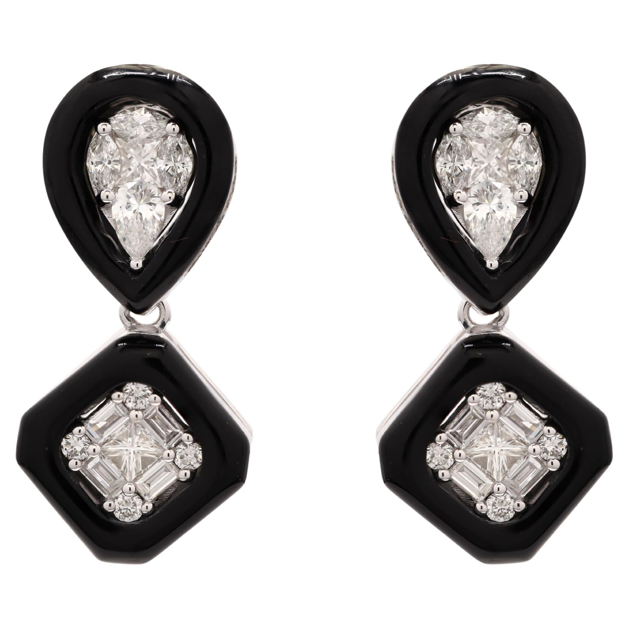 14K White Gold Black Enameled and Diamond Dangle Earrings