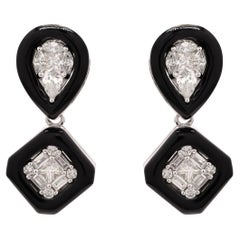 14K Weißgold Ohrhänger, schwarz emailliert und mit Diamanten