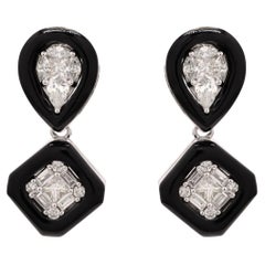 14K White Gold Black Enameled and Diamond Dangle Earrings