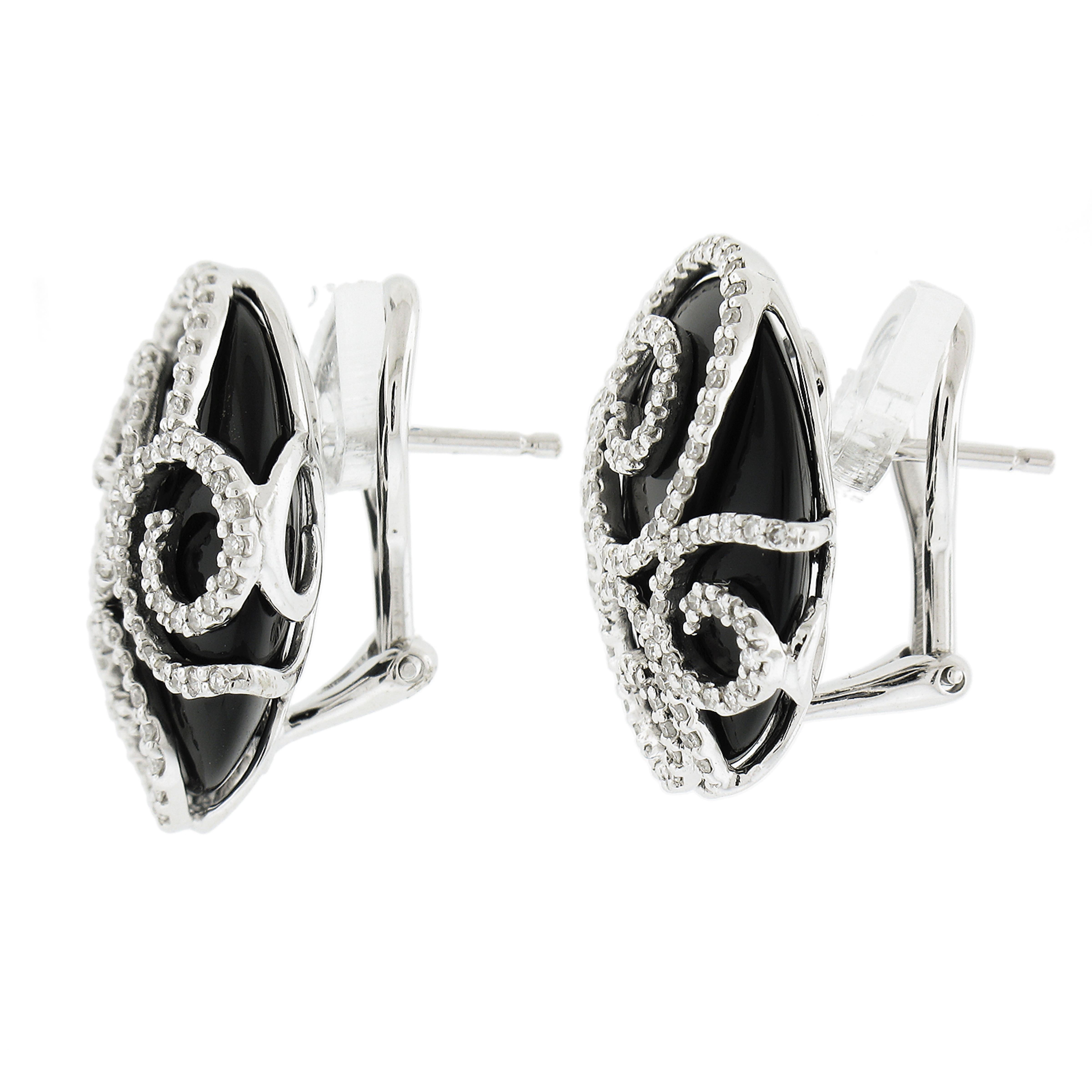 Round Cut 14k White Gold Black Onyx & .50ct Diamond Open Scroll Work Button Omega Earrings For Sale