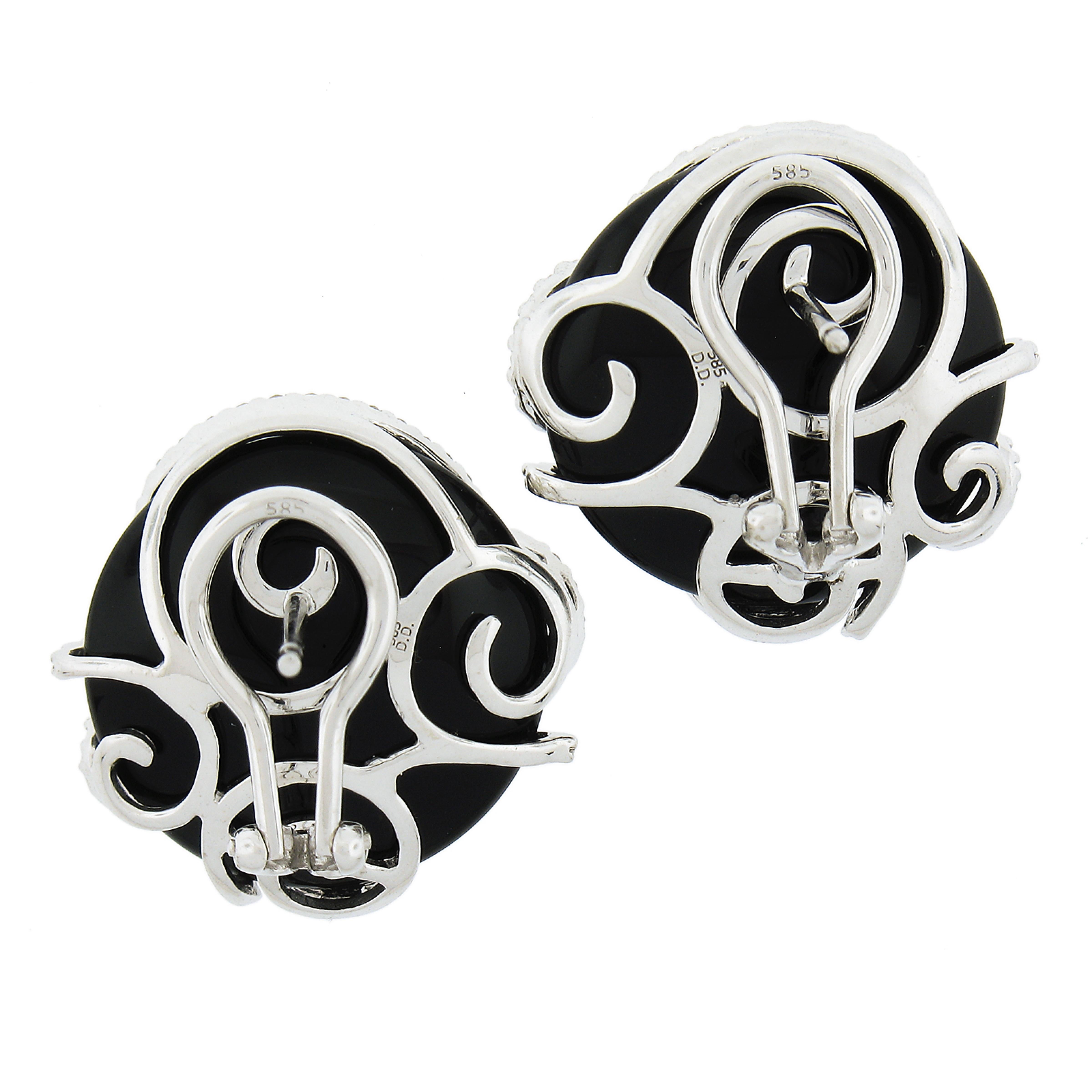 Women's 14k White Gold Black Onyx & .50ct Diamond Open Scroll Work Button Omega Earrings For Sale