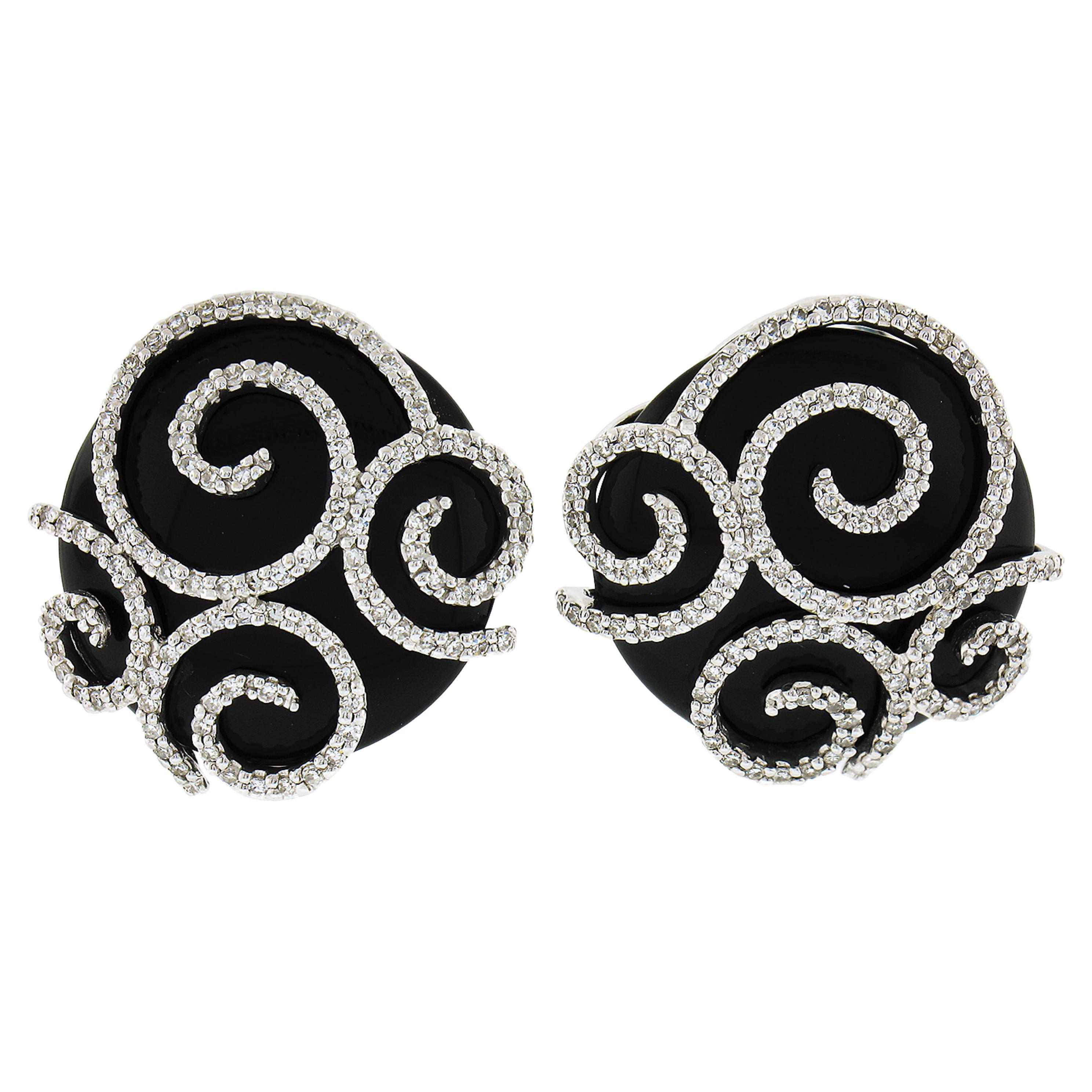 14k White Gold Black Onyx & .50ct Diamond Open Scroll Work Button Omega Earrings For Sale