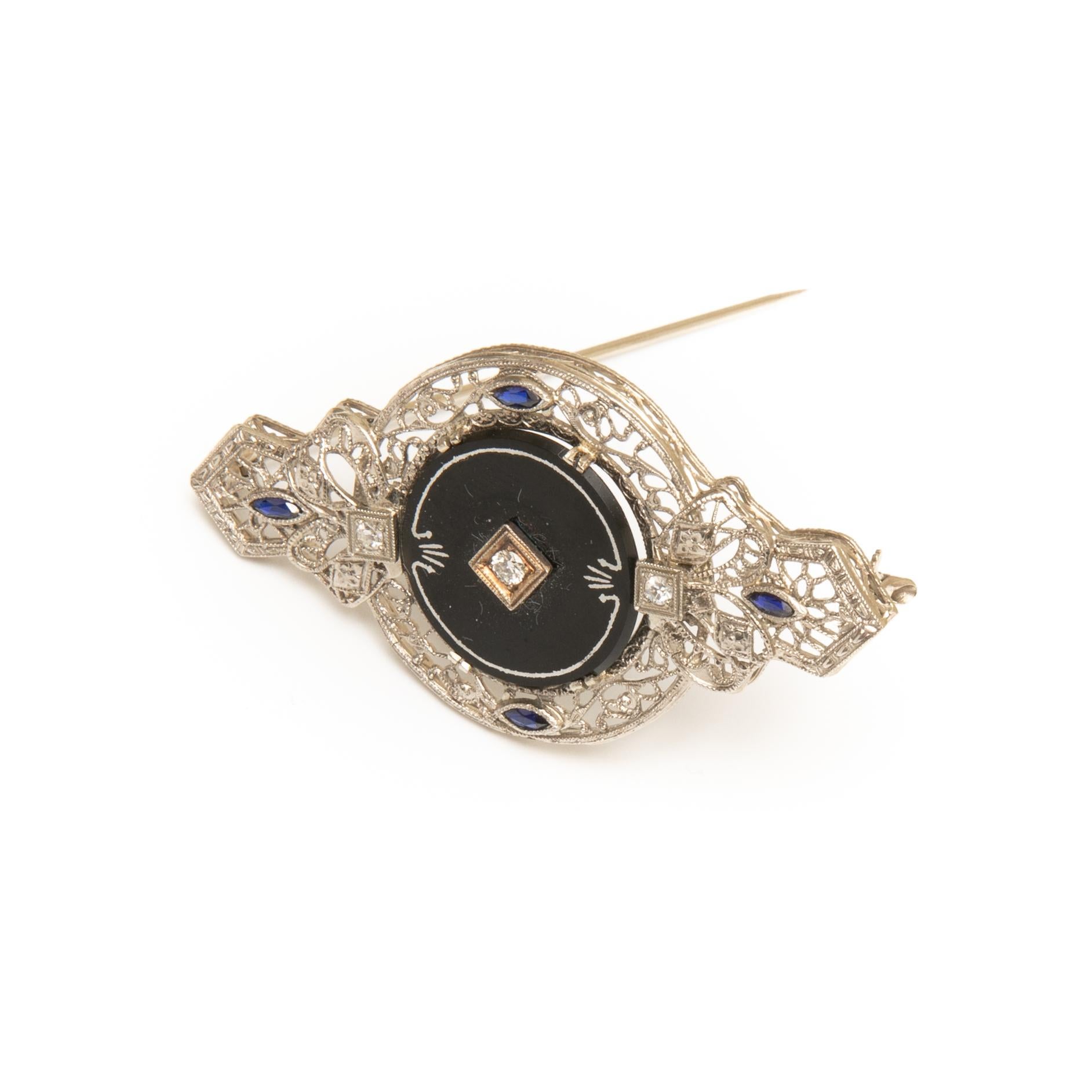 14 Karat White Gold Black Onyx, Diamond and Synthetic Blue Sapphire Brooch In Good Condition In Kingston, NY