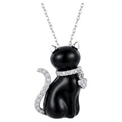 14k White Gold Black Onyx & Diamond Cat Pendant Necklace