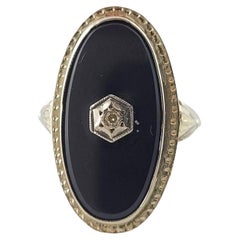 Vintage 14K White Gold Black Onyx Diamond Ring Size 4.75-5 #16945