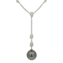 14k White Gold Black Pearl & Diamond Pave Drop Necklace