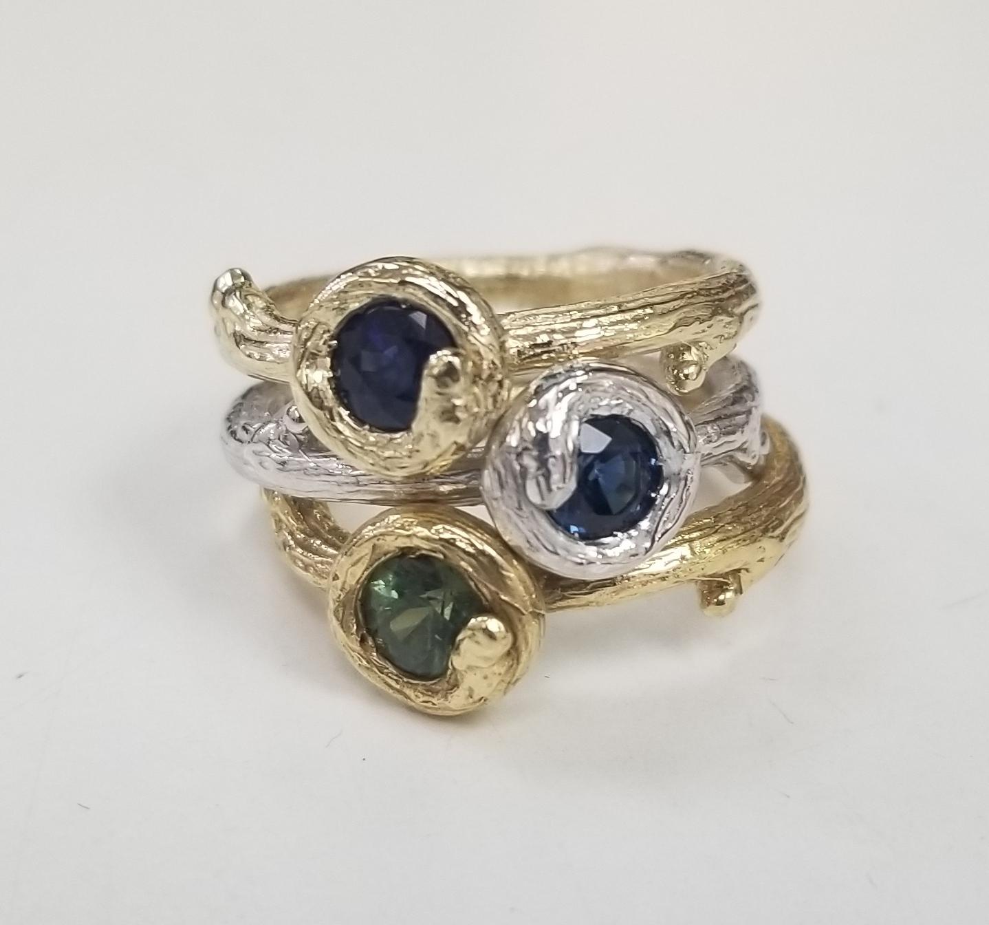Artisan 14k white gold Black Rhodium Green Sapphire and Diamond Bark Ring For Sale