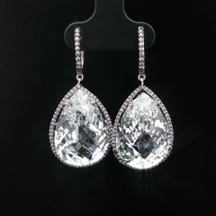 14k White Gold Black Rhodium Pear Checkerboard White Topaz w/ Sapphire Earrings