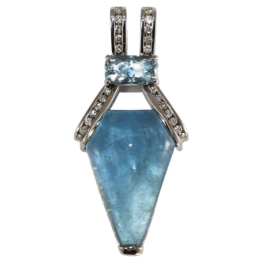 14K White Gold Blue Beryl, Blue Topaz and Diamond Pendant