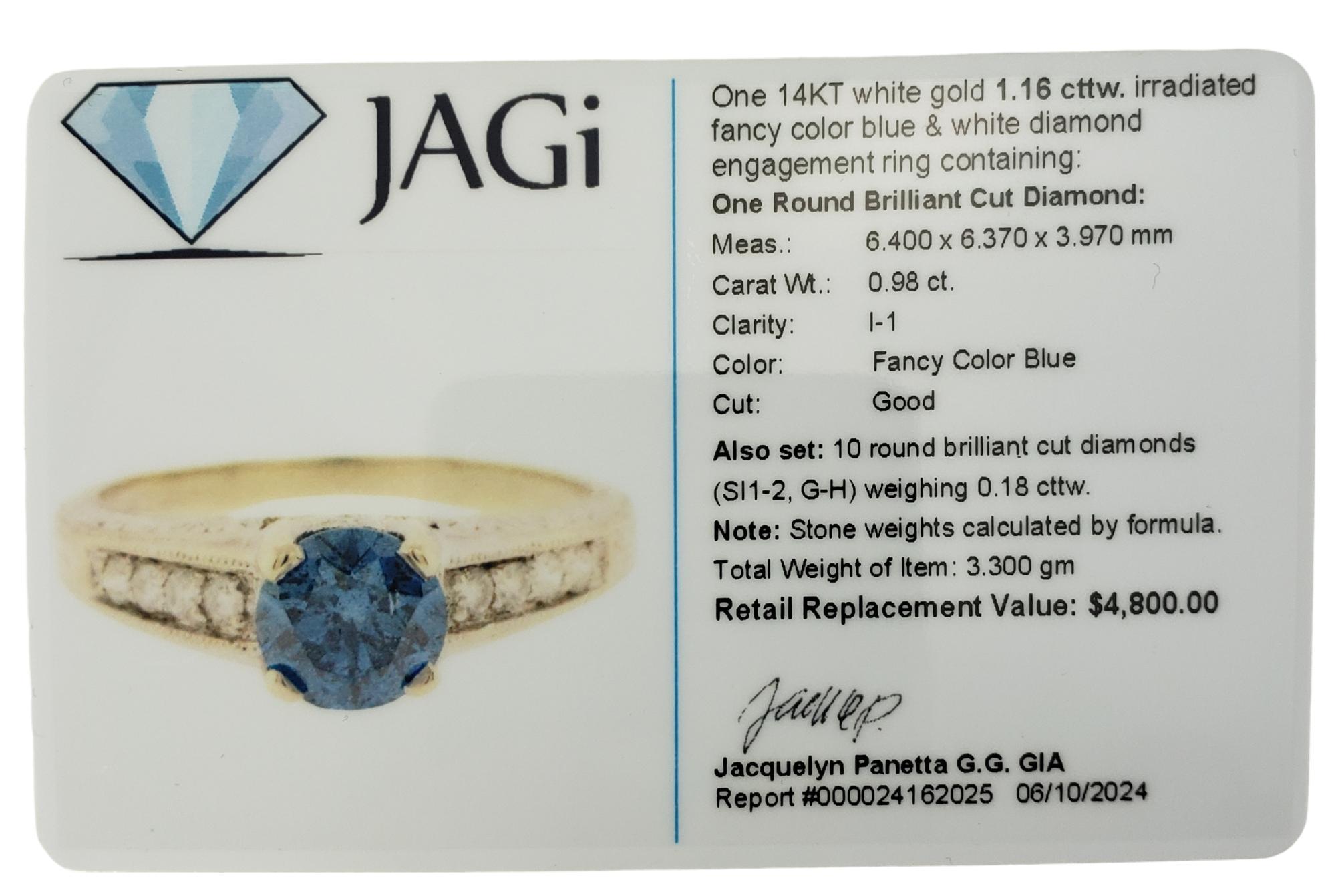 14K White Gold Blue Color Treated & White Diamond Ring Size 6.75  #17921 For Sale 4