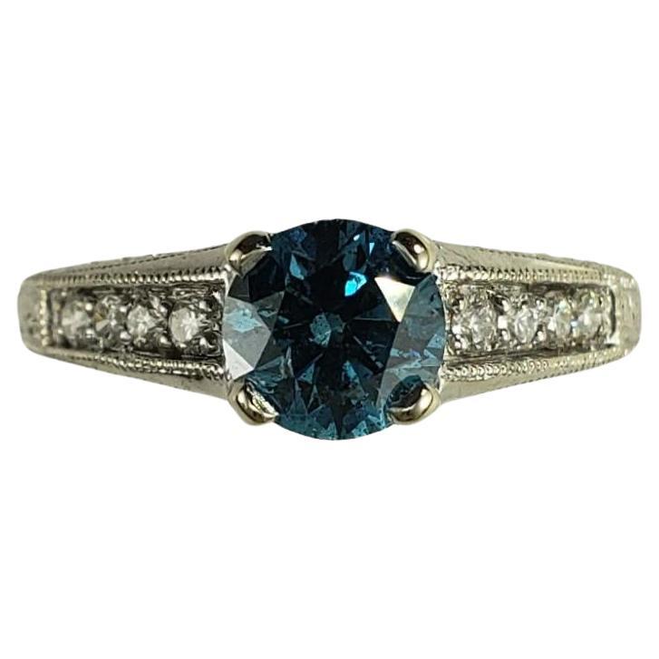 14K White Gold Blue Color Treated & White Diamond Ring Size 6.75  #17921